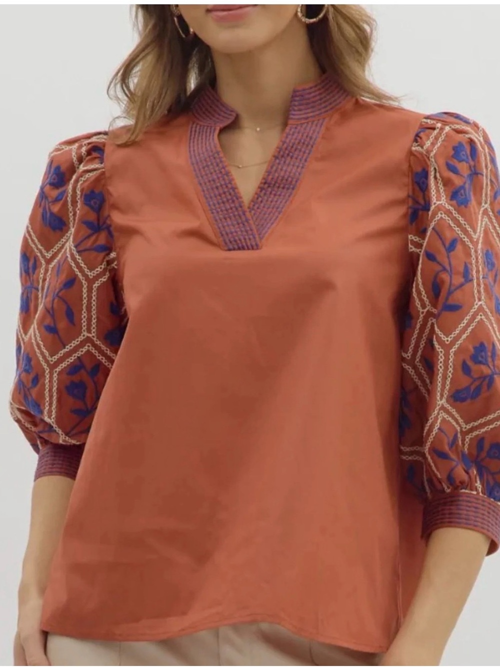 entro Rust Orange Puff-Sleeve Embroidered Blouse